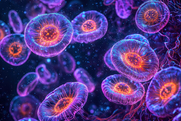 Fototapeta premium Vibrant floating blood cells exhibit intricate details and stunning colors, showcasing beauty of microscopic life in captivating manner