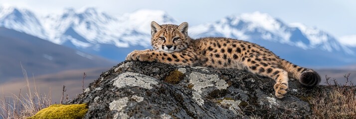  A cheetah atop a rock, before snow-capped mountains' range