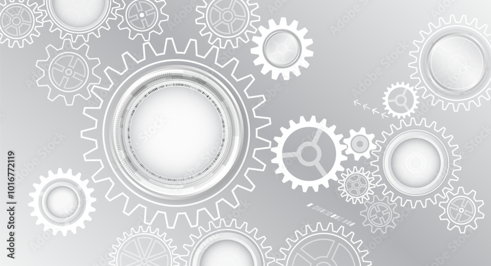 Poster Cogwheel for science experiment presentation, Futuristic high tech concept. Business and industry internet banner. The mechanism consisting of gears on a gray background for the presentation