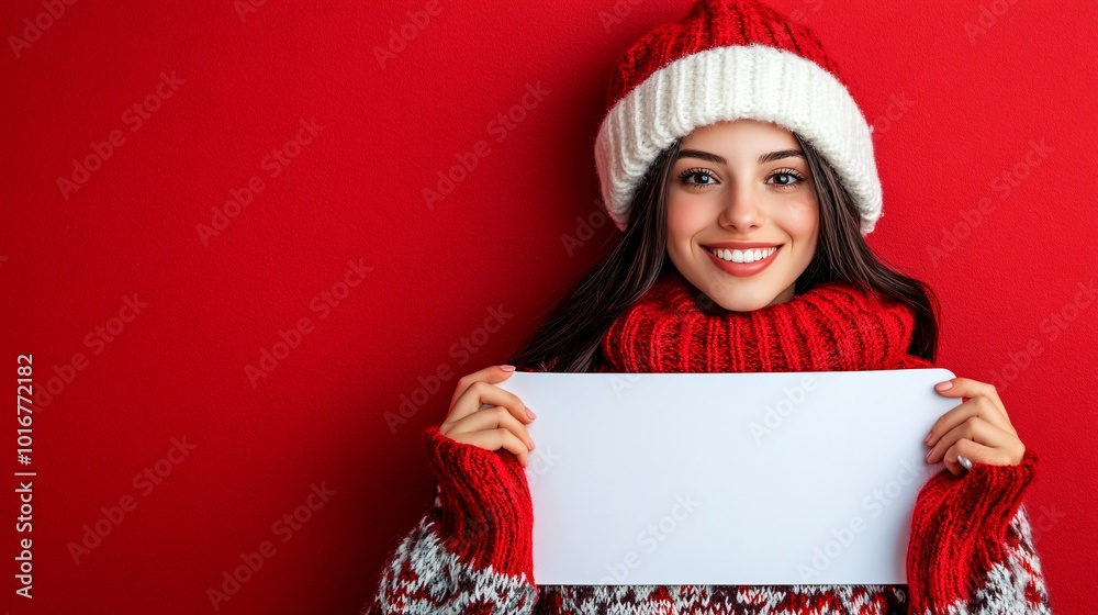 Poster isolated on red color background with side space for letters a woman wearing a festive outfit holdin