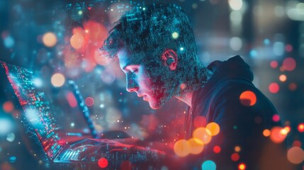 Double exposure of Computer programmer team using laptop, data processing connecting with internet global network, cloud computing and data center network server, cyber security, software development,