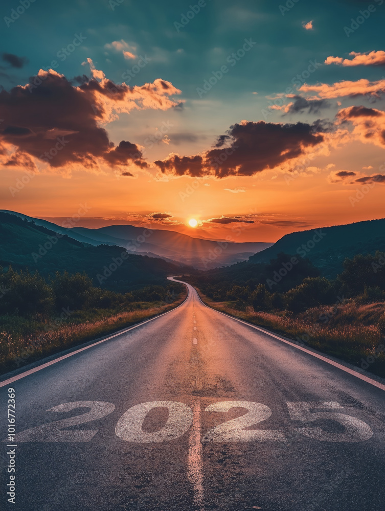 Wall mural 2025 new year road trip travel and future vision concept . nature landscape with highway road leadin