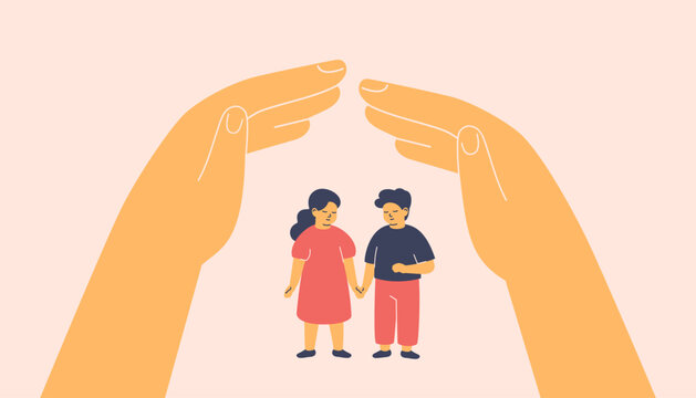 Human hands created secure environment for children via home roof gesture. Childproofing, supervision, and teaching safety rules. Adoption and Adults taking care about kids. Vector illustration