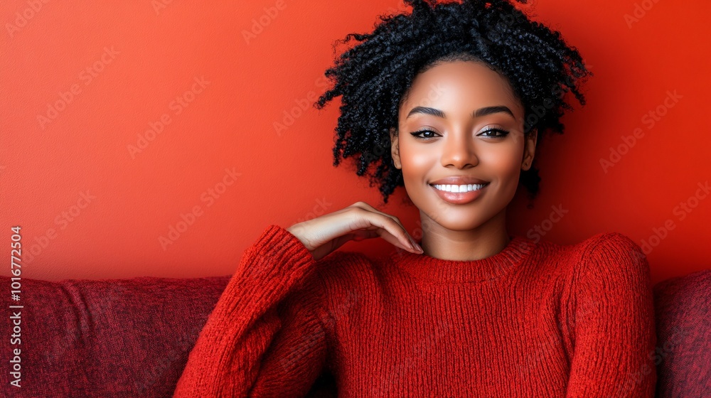 Poster Isolated on Red color background with side space for letters a woman smiling and holding an empty white board ready for adding text or designs Stock Photo with copy space