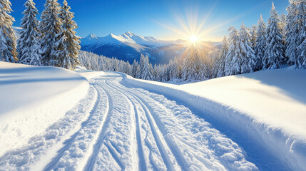 Obraz premium A breathtaking winter landscape featuring snowy trails, tall trees, and a stunning sunrise over the mountains, creating a serene outdoor scene perfect for winter adventures