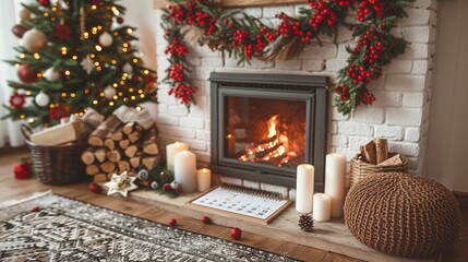 Cozy Holiday Living Room With a Decorated Tree and a Warm Fireplace During Winter Season