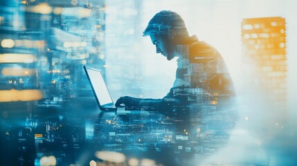 Double exposure of Computer programmer team using laptop, data processing connecting with internet global network, cloud computing and data center network server, cyber security, software development,