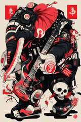 Elephant with a guitar fused into its body, surreal and abstract016