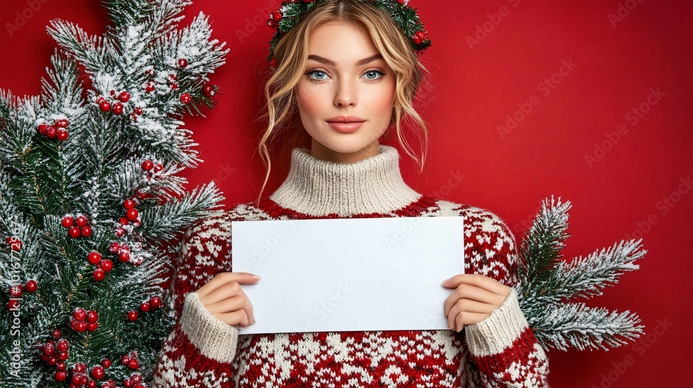 Aufkleber isolated on red color background with side space for letters a woman dressed in a christmas-themed s