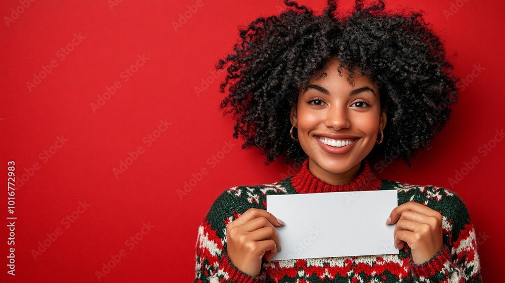 Poster isolated on red color background with side space for letters a woman dressed in a christmas-themed s