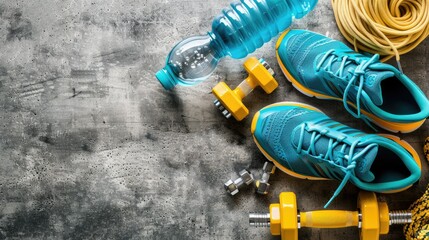 Flat lay of blue sports shoes