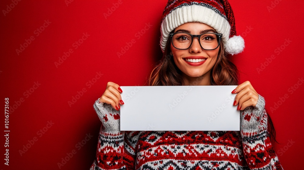 Poster isolated on red color background with side space for letters a woman dressed in a christmas-themed s
