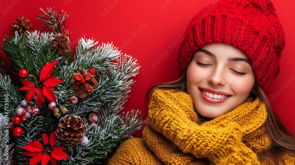 Poster Isolated on Red color background with side space for letters a woman in a festive scarf holding a large white board with space for holiday messages or graphics Stock Photo with copy space