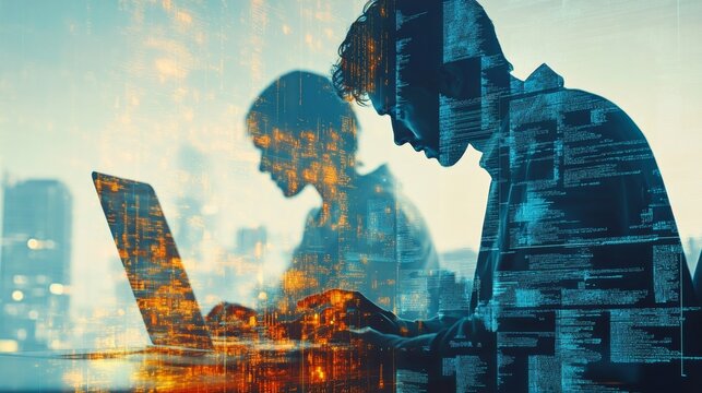 Double exposure of Computer programmer team using laptop, data processing connecting with internet global network, cloud computing and data center network server, cyber security, software development, - Powered by Adobe