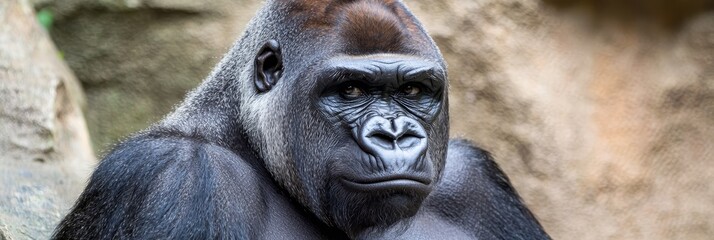 Obraz premium A gorilla's face, tightly framed, in front of a textured rock wall Behind it, an expanse of stone