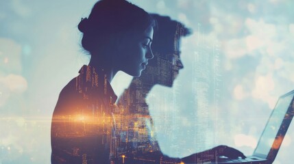 Double exposure of Computer programmer team using laptop, data processing connecting with internet global network, cloud computing and data center network server, cyber security, software development,