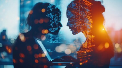 Double exposure of Computer programmer team using laptop, data processing connecting with internet global network, cloud computing and data center network server, cyber security, software development,