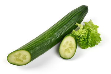 Fresh cucumber with lettuce, isolated on white background.
