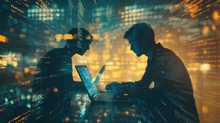 Double exposure of Computer programmer team using laptop, data processing connecting with internet global network, cloud computing and data center network server, cyber security, software development,