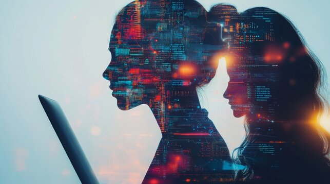 Double exposure of Computer programmer team using laptop, data processing connecting with internet global network, cloud computing and data center network server, cyber security, software development,