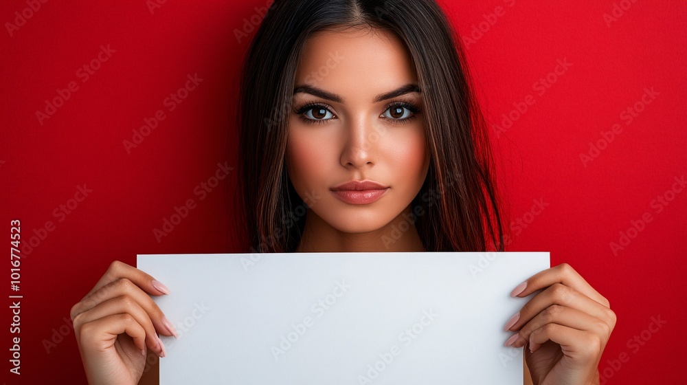 Poster isolated on red color background with side space for letters a woman holding a white sign with both 