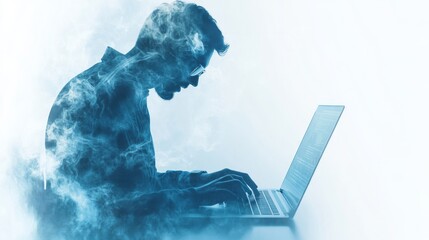 Double exposure of Computer programmer team using laptop, data processing connecting with internet global network, cloud computing and data center network server, cyber security, software development,