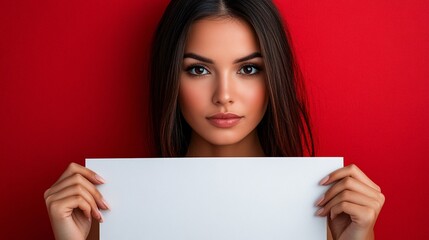 Isolated on Red color background with side space for letters a woman holding a white sign with both hands and looking towards the camera suitable for festive greetings Stock Photo with copy space