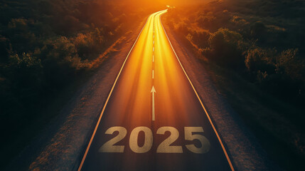 2025 New Year road trip travel and future vision concept . Nature landscape with highway road leading forward to happy new year celebration in the beginning of 2025 for fresh