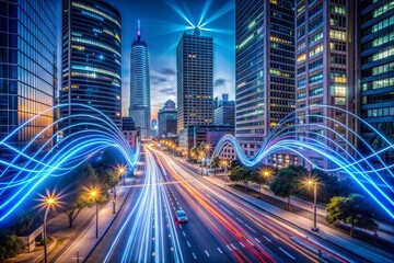 Fototapeta premium 5G vibrant night cityscape with flowing blue lights on highways