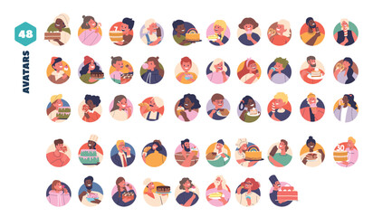 Set Of Colorful Cartoon Avatars Featuring Diverse Characters Celebrating With Cakes, Candies, Sweets and Pastries