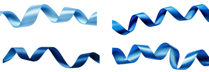 Set of minimalist curling blue ribbon isolated on white or transparent background, cutout PNG
