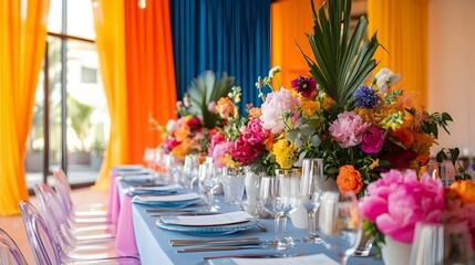 Vibrant and Colorful Wedding with Bold Floral Decor Modern Backdrop and Joyful Atmosphere  Elegant table setting with lush bouquets candles
