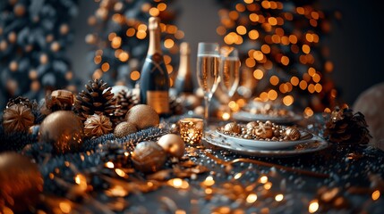 Elegant Holiday Table Setting With Sparkling Decorations and Champagne in a Cozy Atmosphere