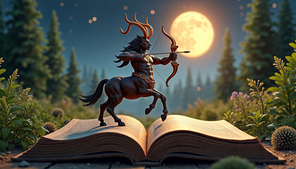 A centaur with bow and arrow stands on an open book under a full moon and a starry night sky