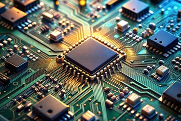 5G circuit board close-up featuring central microchip details