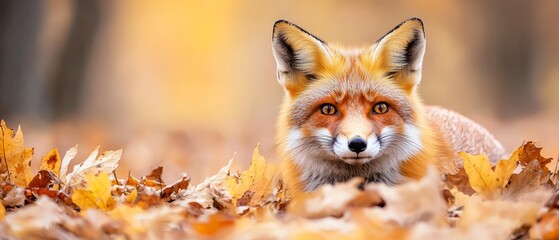 Obraz premium A tight shot of a fox in a mound of leaves, eyes fixed on the camera