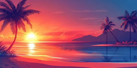 Fototapeta premium Tropical Sunset Beach Landscape with Palm Trees and Ocean