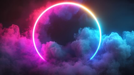 Obraz premium Neon Circle Light in Purple and Blue Smoke Clouds