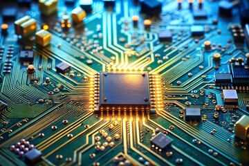 5G illuminated microchip close-up on circuit board representing complexity