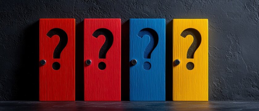  A row of doors, each colored differently; one bears a question mark on one side, while another carries one on the opposite side
