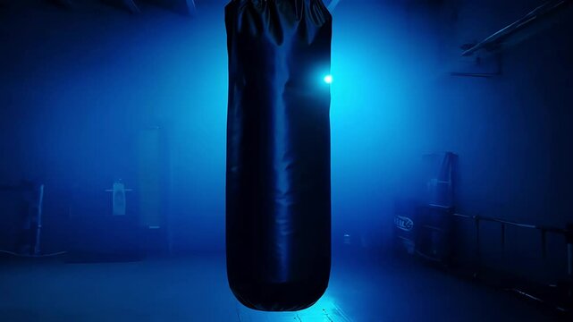 A long black punching bag swings indimly lit gym illuminated blue neon lights slowmotion action ideal kickboxing training  