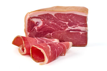 Italian prosciutto crudo or spanish jamon, isolated on white background.