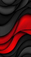 Obraz premium A black-and-red wallpaper featuring wavy lines resembling waves, with a red ribbon positioned centrally within the wave formation