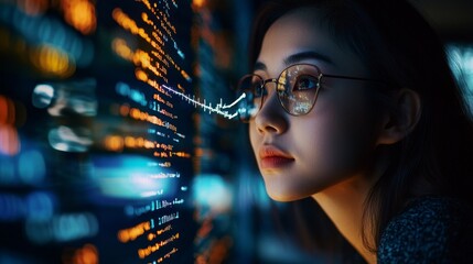 Double exposure Portrait of Asian Female Startup Digital Entrepreneur Working on Computer, Line of Code Projected on Her Face and Reflecting. Software Developer Working on Innovative e-Commerce App us