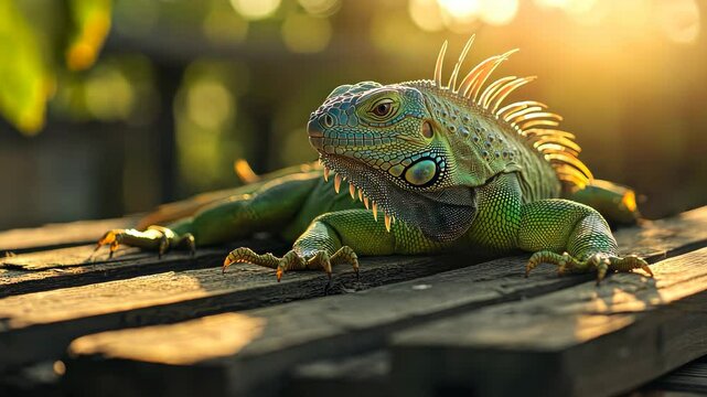 Green iguana elegantly posing on sunlit wooden planks during the serene golden hour