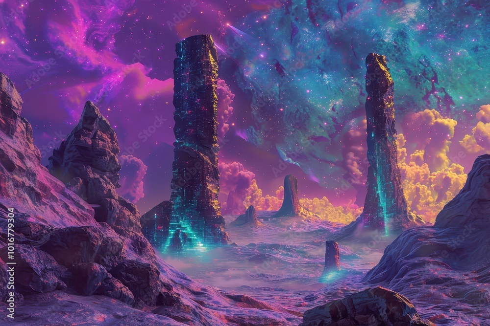 Canvas Prints tall structures on a purple planet with a nebula sky