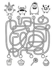 Help the cute monsters find a path for his sweets. Labyrinth. Maze game for children. Black and white illustration, coloring page for Halloween party. © FoxyImage