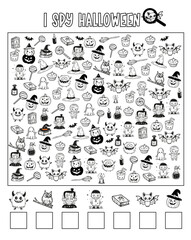 Obraz premium Halloween I spy game for kids. Searching and counting activity with cute cute characters. Scary autumn printable worksheet for preschool children. Simple all saints day spotting puzzle