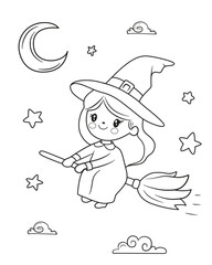 Illustration of a little witch flying on a broom in the night. Black and white doodle style illustration for coloring. Spooky vibes. Halloween party activities
