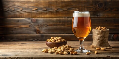 barley wine beer glass with peanuts on wooden table